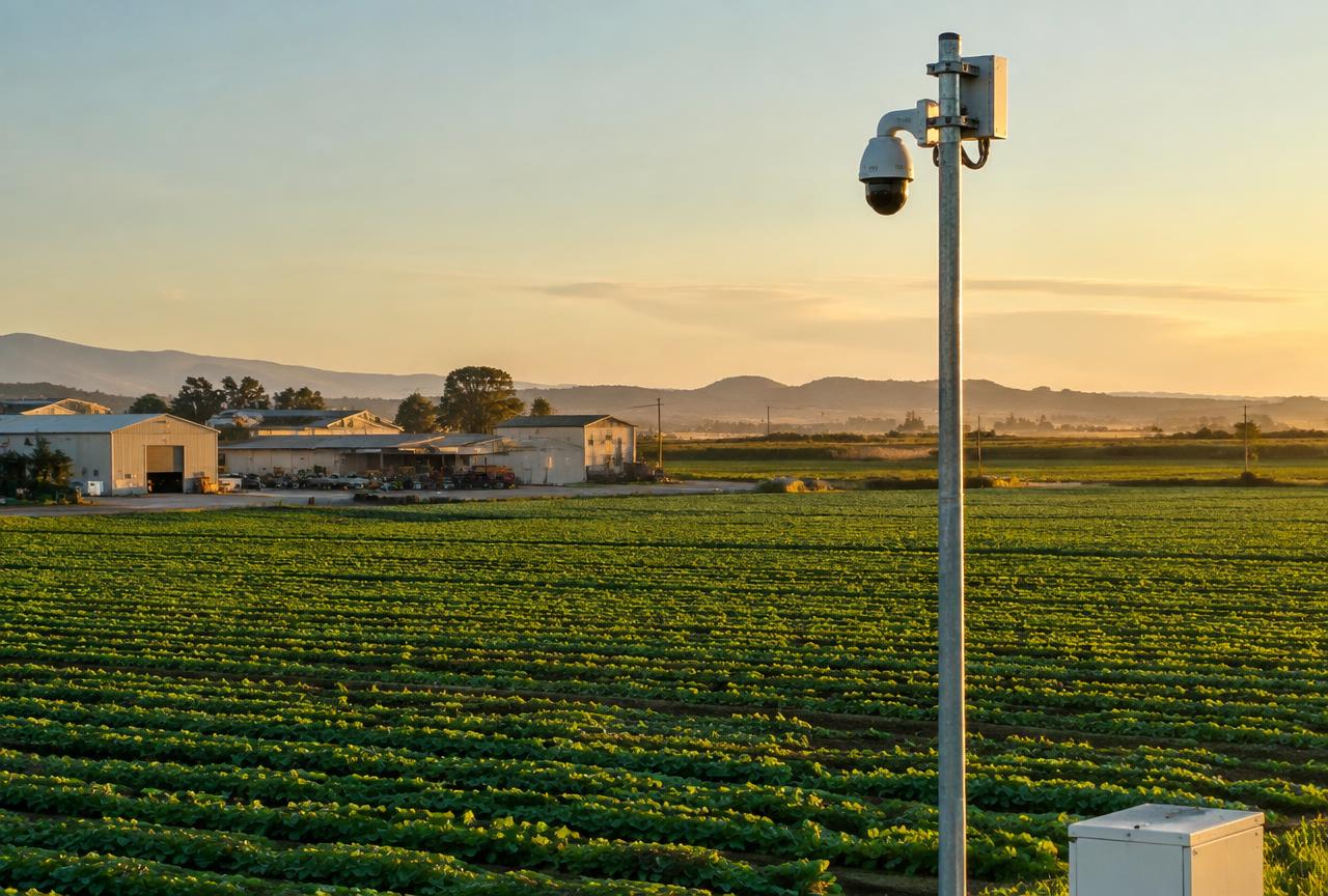 Pole-mounted long-range camera overlooking farmland and an equipment yard