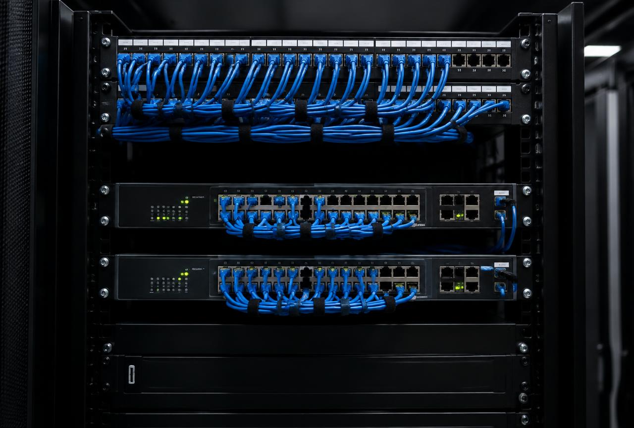 Patch panel with neatly dressed CAT6 cabling and network switches