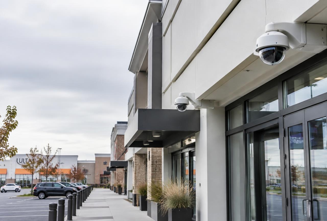 Retail building facade with multiple dome security cameras
