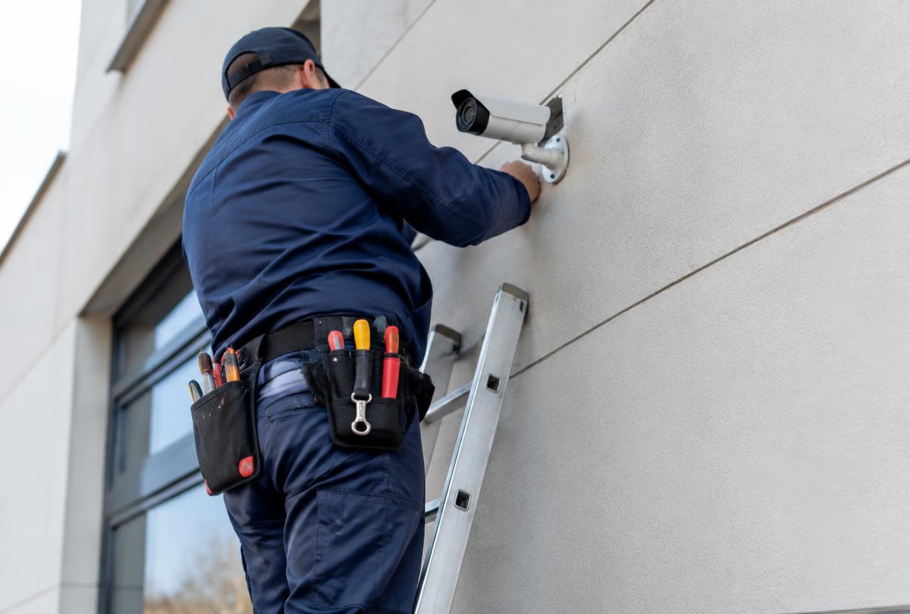 Central Coast Surveillance technician mounting an exterior security camera