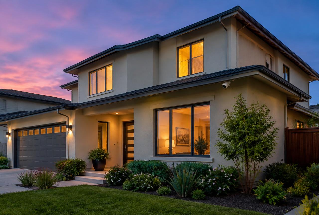 Residential home exterior with a discreet camera installed under the eave